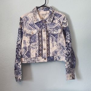 Chico's blue & white artesan patterned, beaded, mysterious size 2 jean jacket